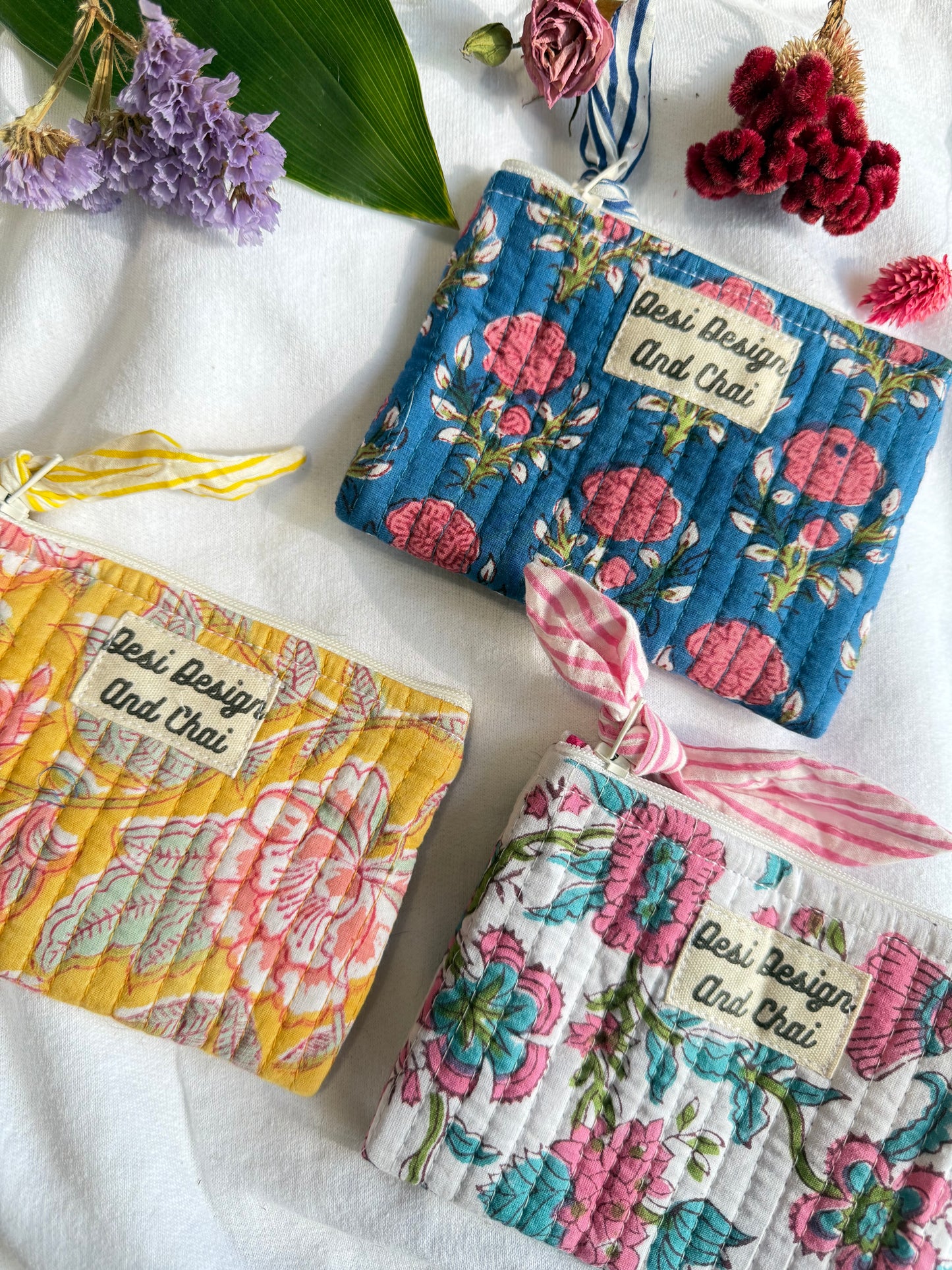 Blockprint quilted pouches with ribbon