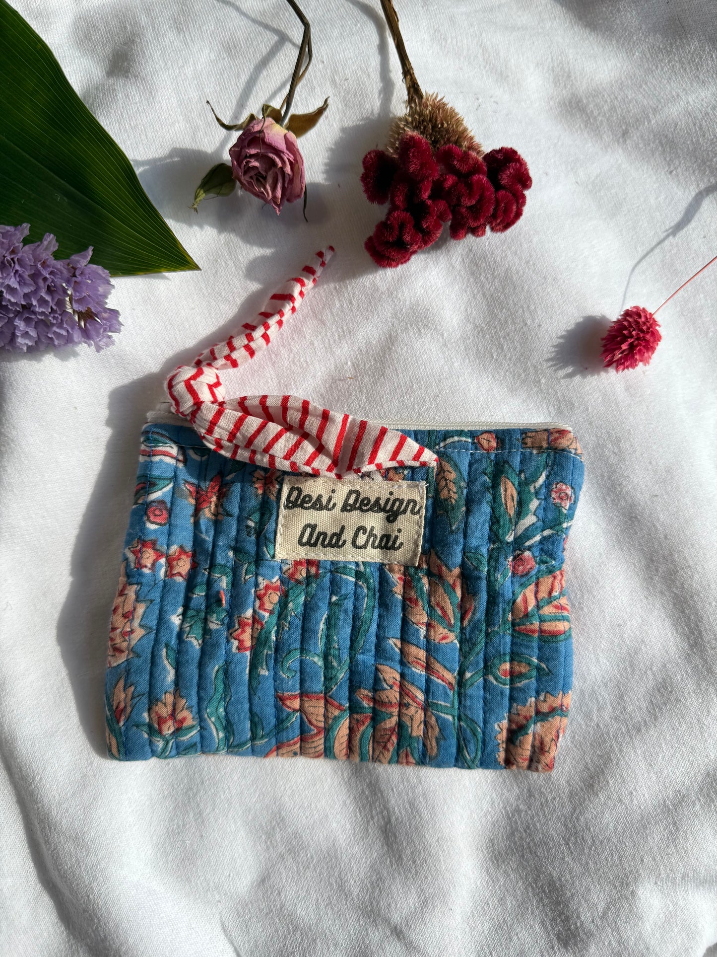 Blockprint quilted pouches with ribbon
