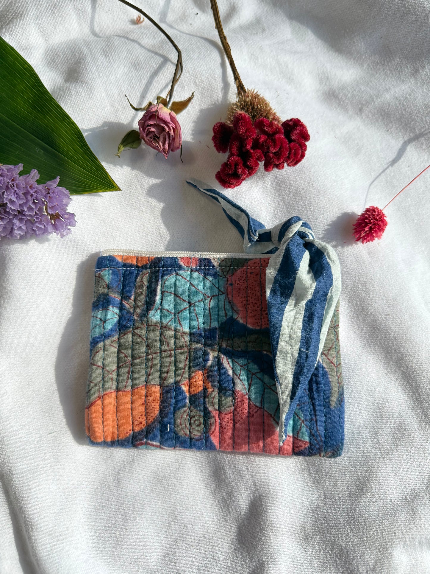 Blockprint quilted pouches with ribbon