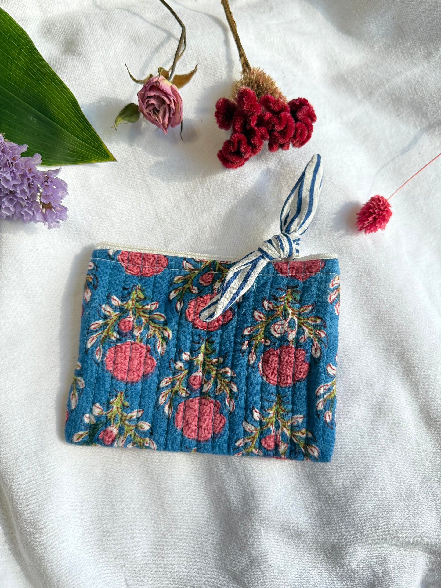 Blockprint quilted pouches with ribbon