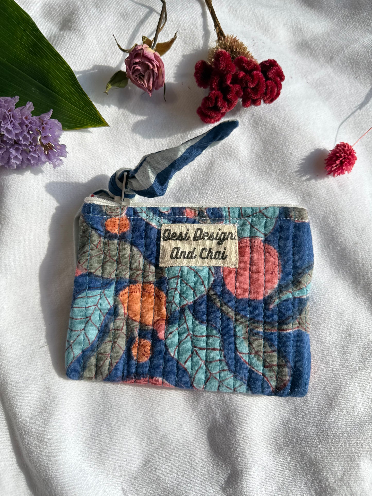 Blockprint quilted pouches with ribbon