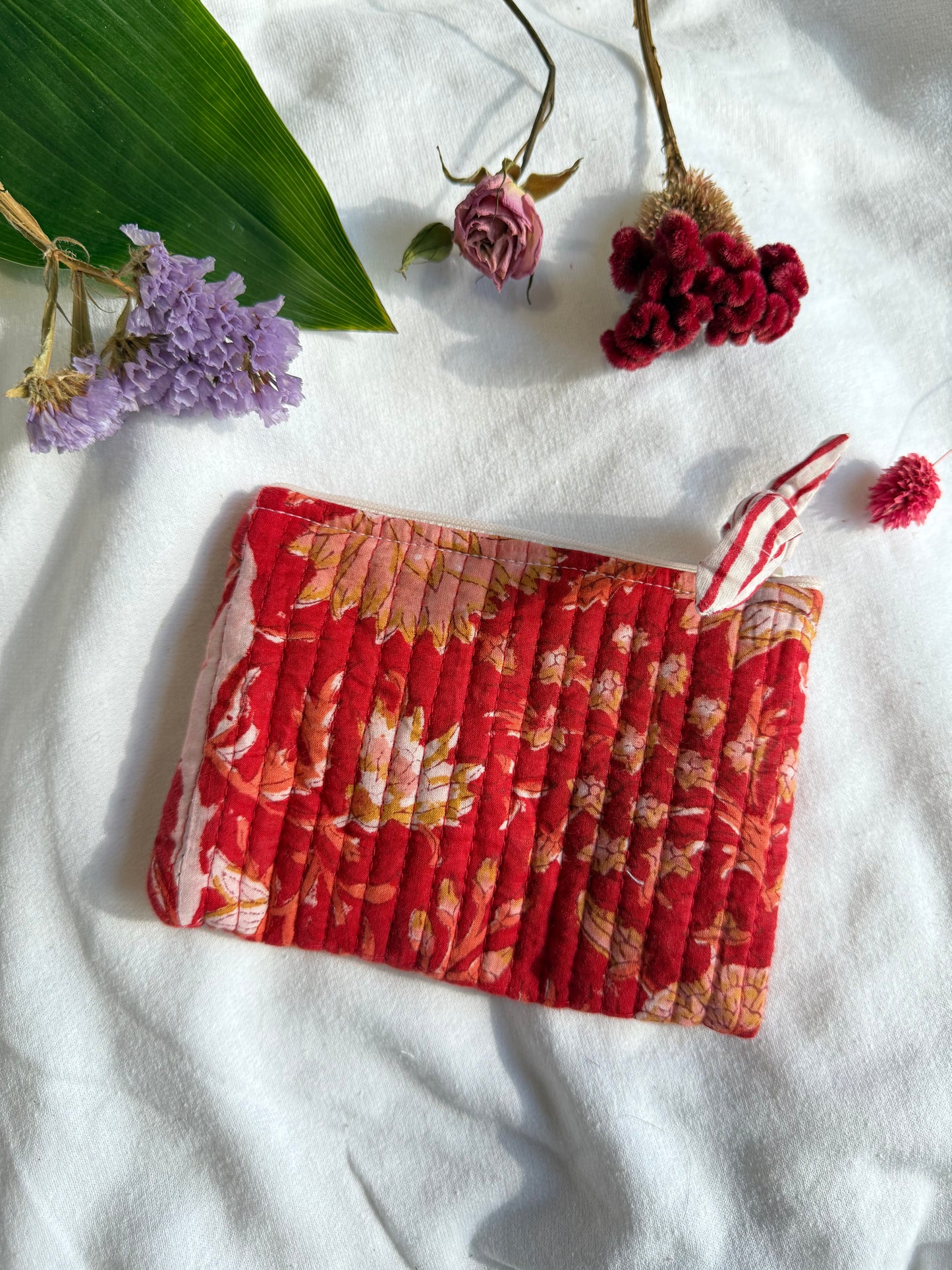 Blockprint quilted pouches with ribbon