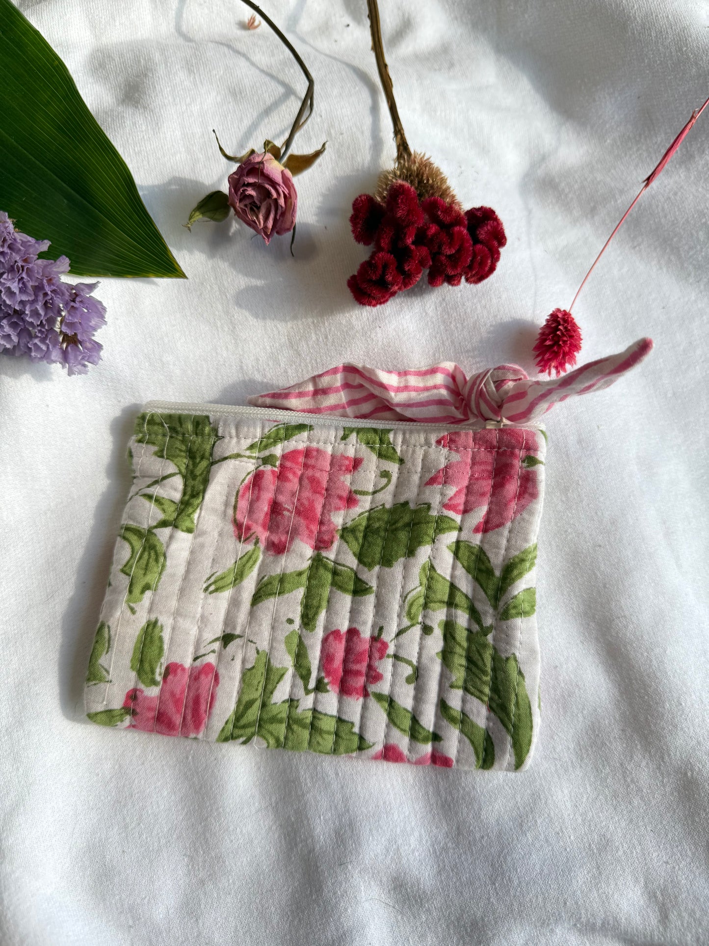 Blockprint quilted pouches with ribbon