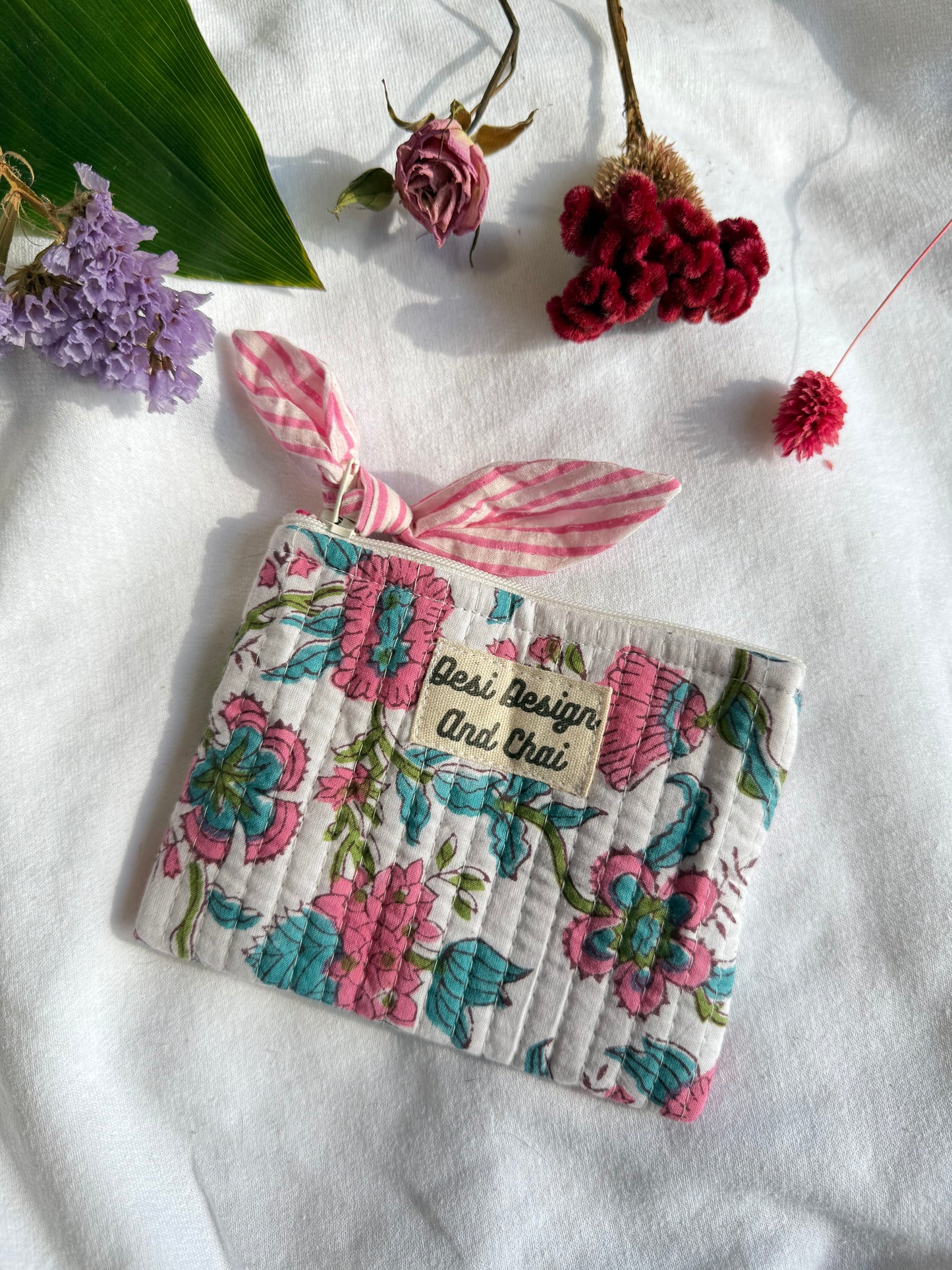 Blockprint quilted pouches with ribbon