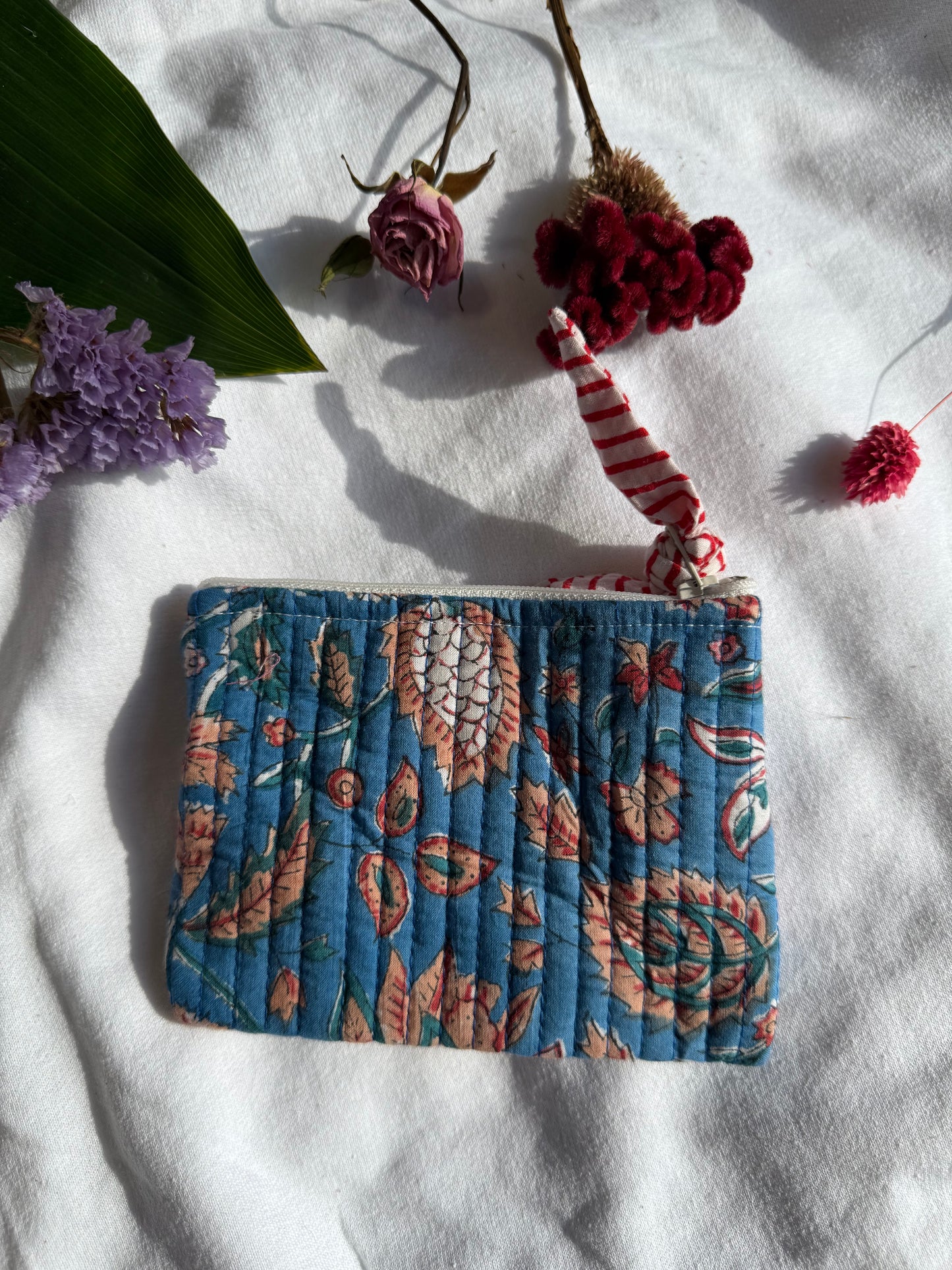 Blockprint quilted pouches with ribbon