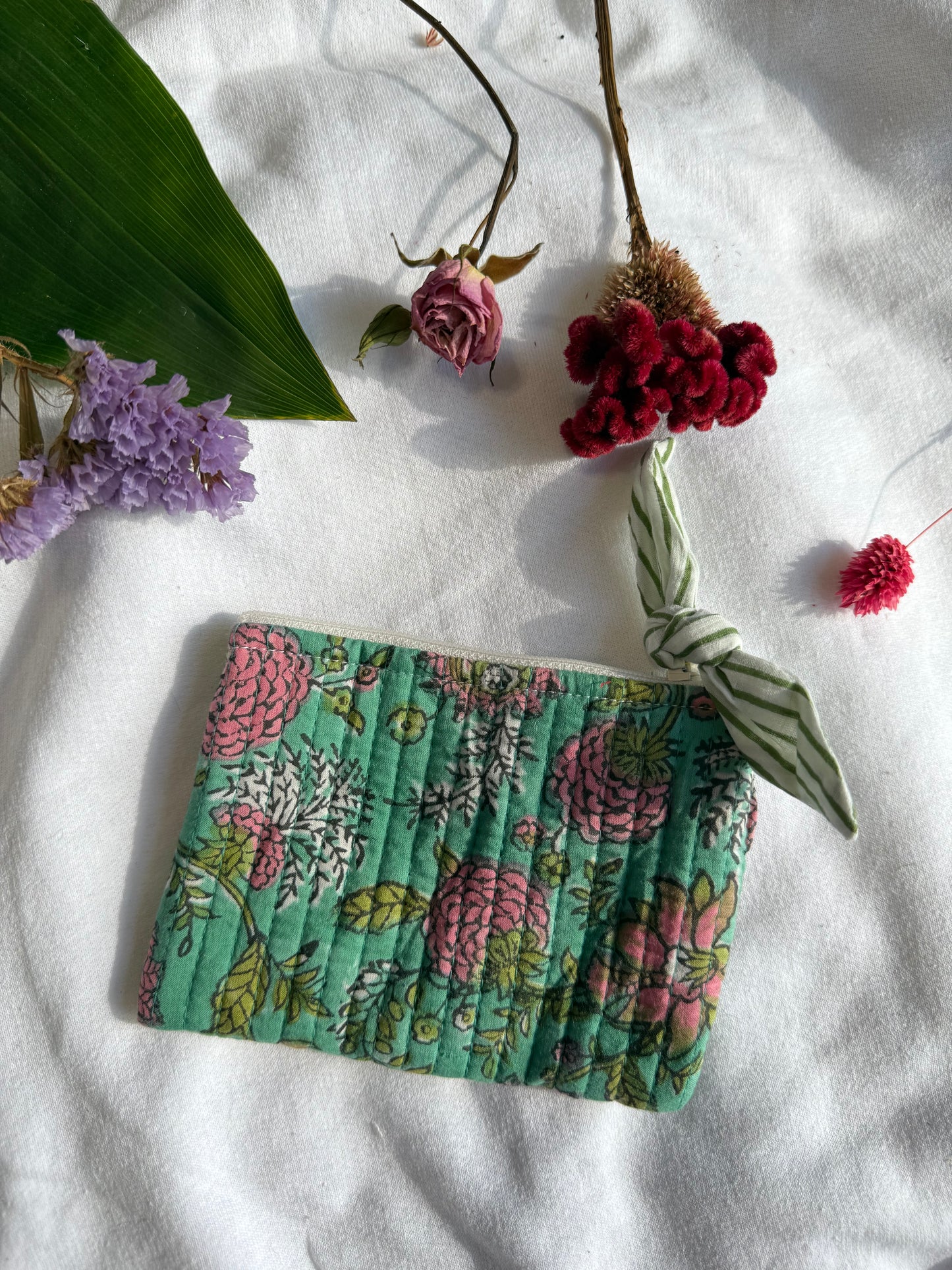 Blockprint quilted pouches with ribbon