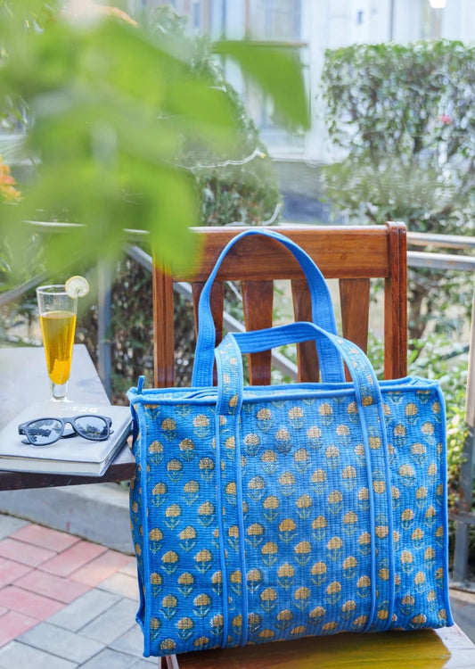 Handmade block printed, quilted tote bags