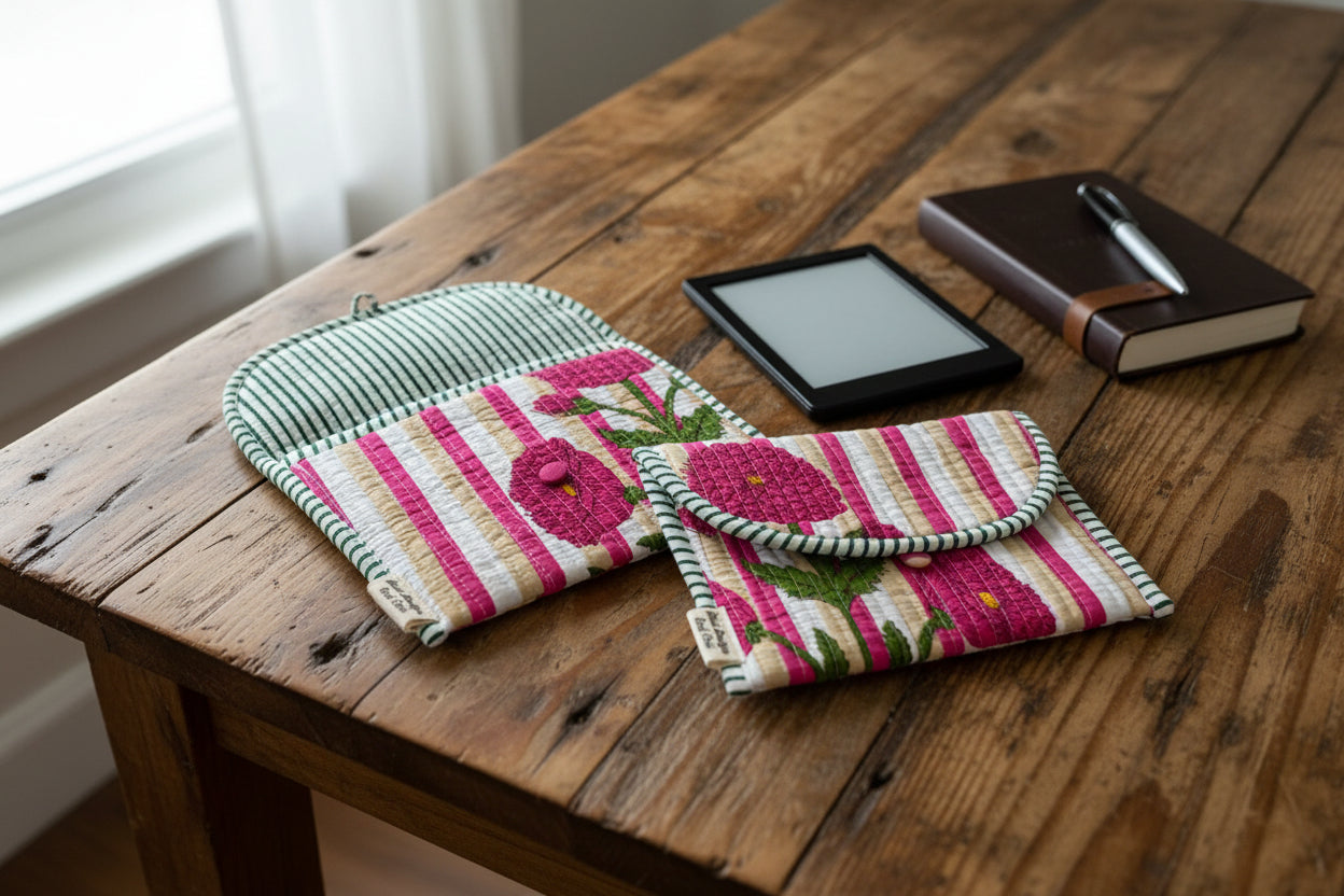 Blockprint ebook reader, journal, keys and accessories button pouch / sleeve