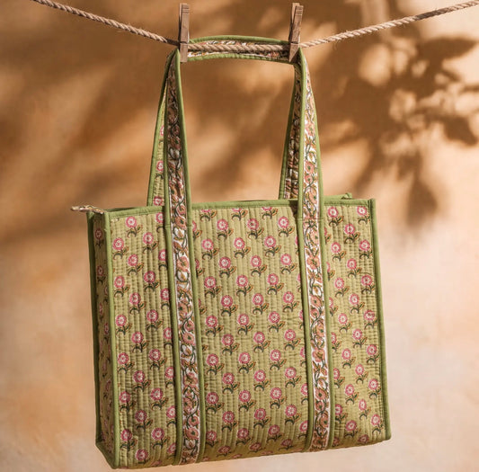 Handmade block printed, quilted tote bags