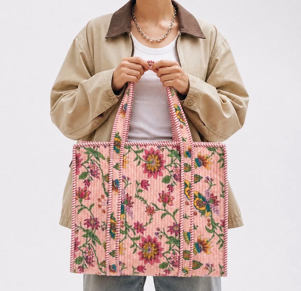 Handmade block printed, quilted tote bags