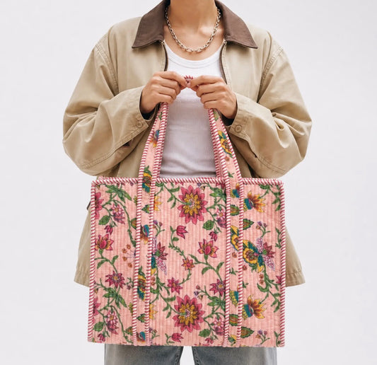 Handmade block printed, quilted tote bags