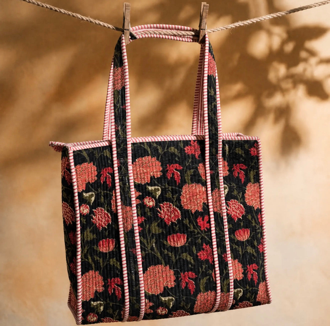 Handmade block printed, quilted tote bags