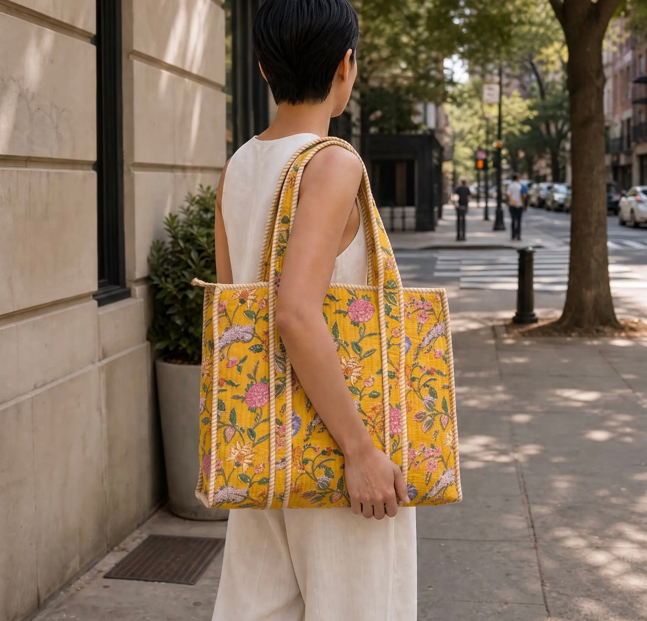 Handmade block printed, quilted tote bags