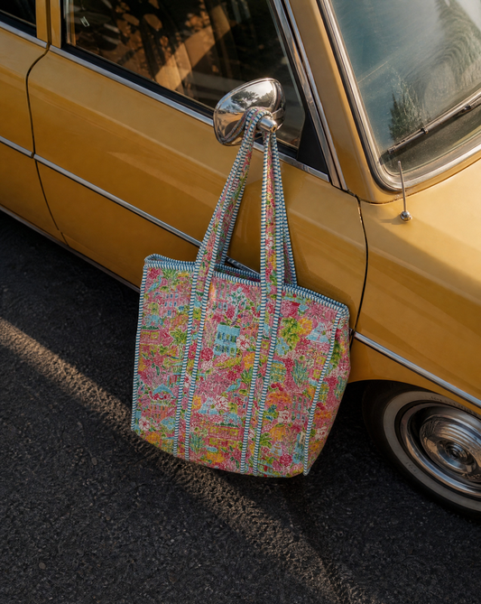 Handmade block printed, quilted tote bags