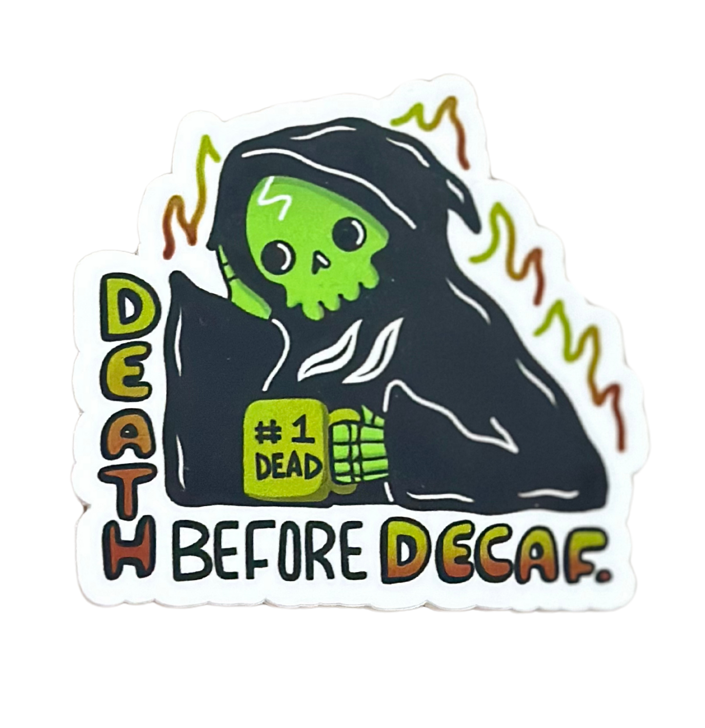 "Death Before Decaf" Grim Reaper Coffee Sticker