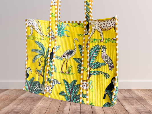 Handmade block printed, quilted tote bags.