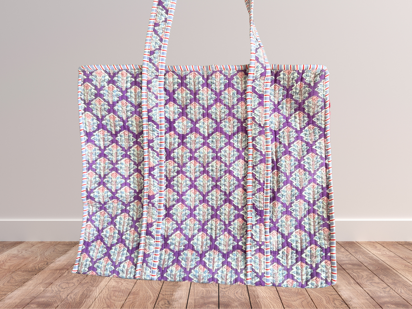 Handmade block printed, quilted tote bags.