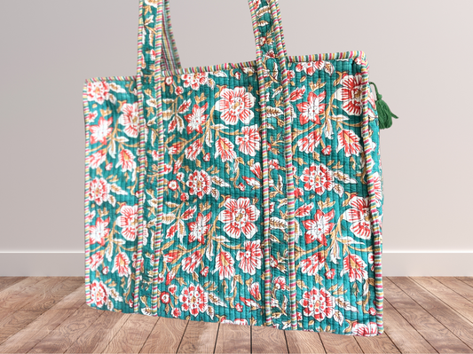 Handmade block printed, quilted tote bags.