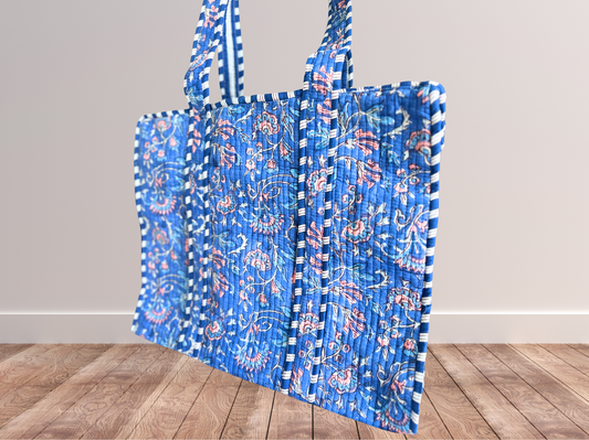 Handmade block printed, quilted tote bags.