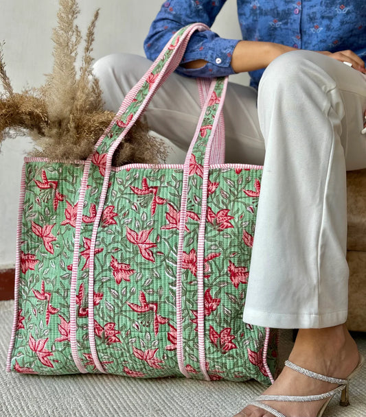 Handmade block printed, quilted tote bags.