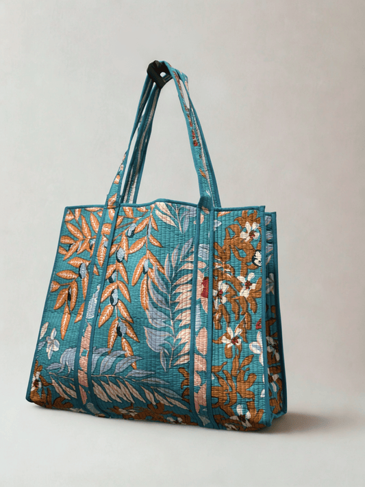 Handmade block printed, quilted tote bags