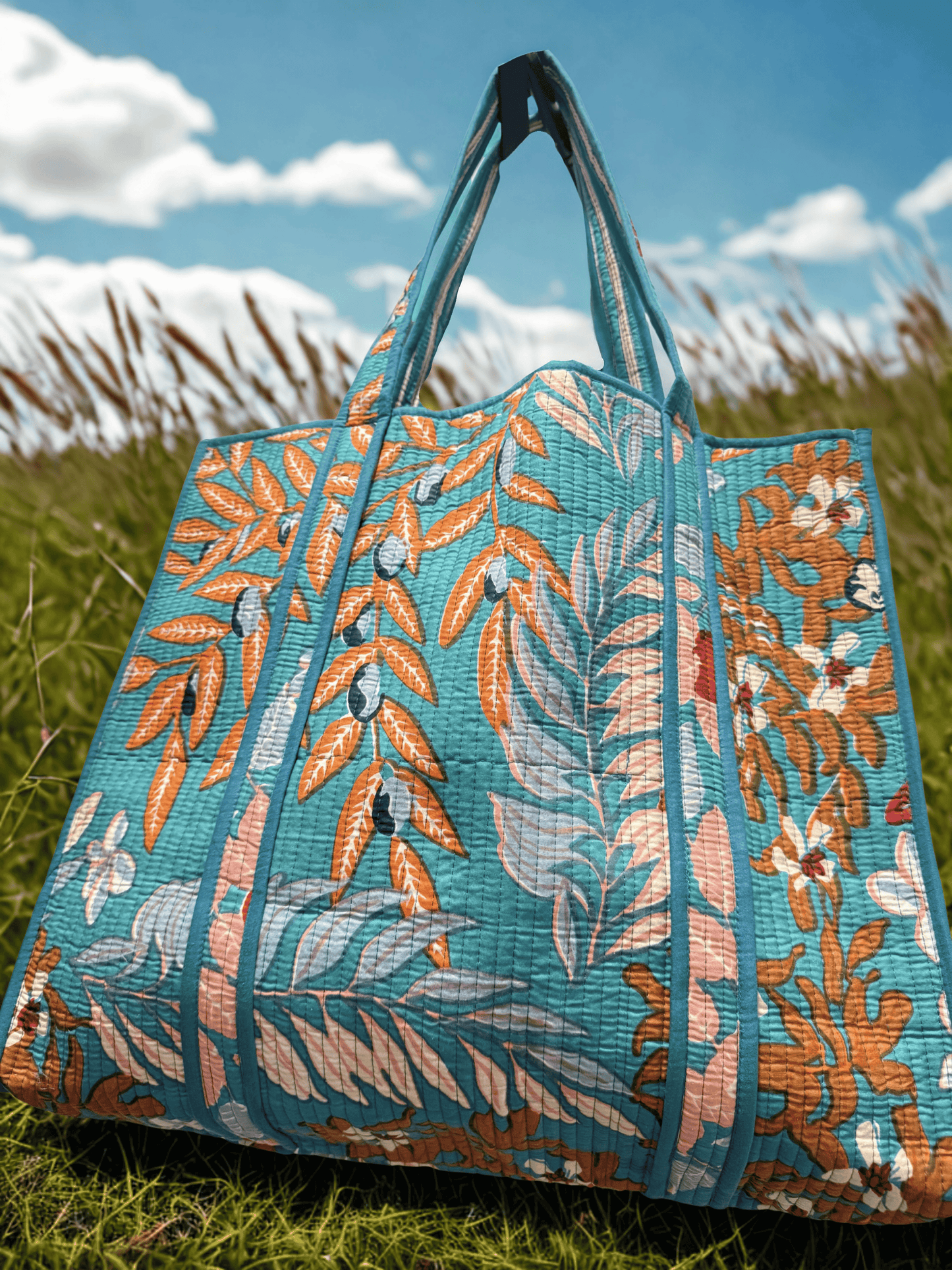 Handmade block printed, quilted tote bags