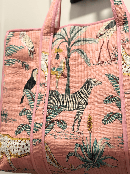 Handmade block printed, quilted tote bags