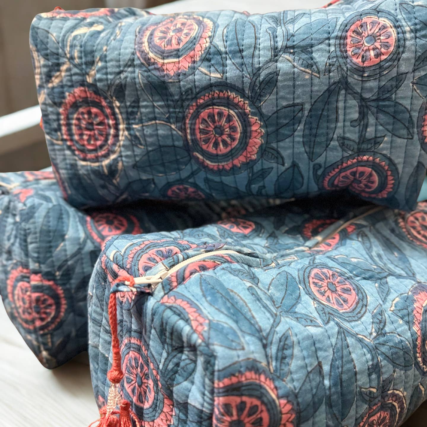 Handmade and block printed toiletry bag/pouches