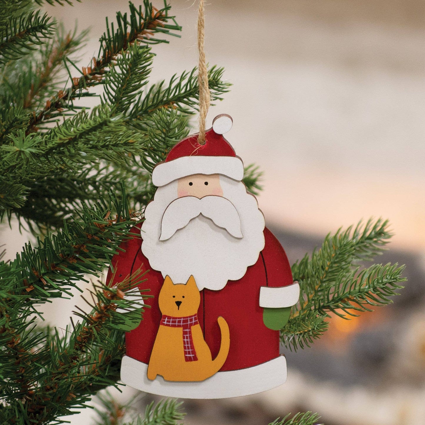 Santa With Cat Wooden Christmas Ornament