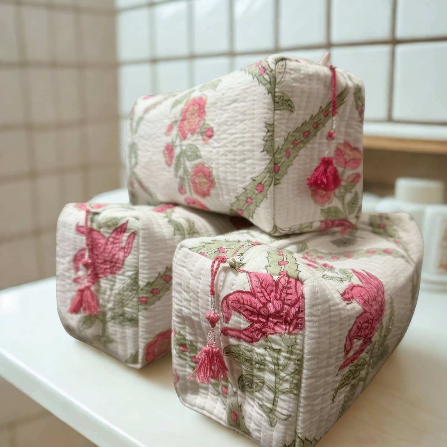 Handmade and block printed toiletry bag/pouches