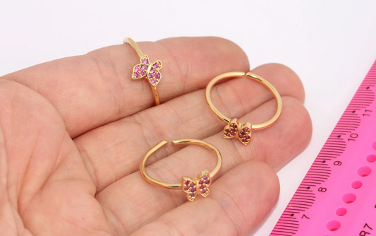 24k Shiny gold plated adjustable, Micro Pave Butterfly Rings with CZ Purple Stone Rings.