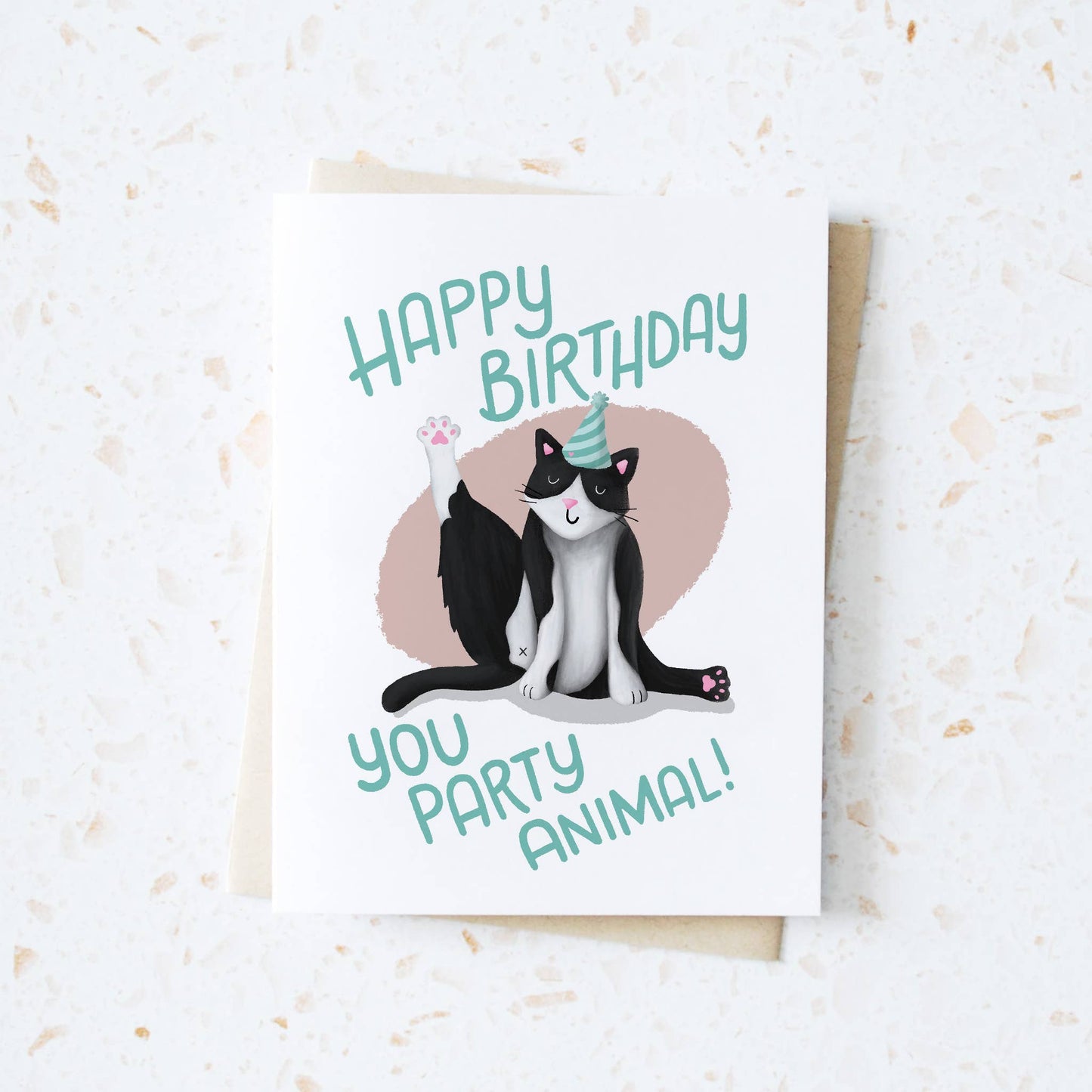 Tuxedo Kitty Party Animal Birthday Greeting Card - Hop & Flop