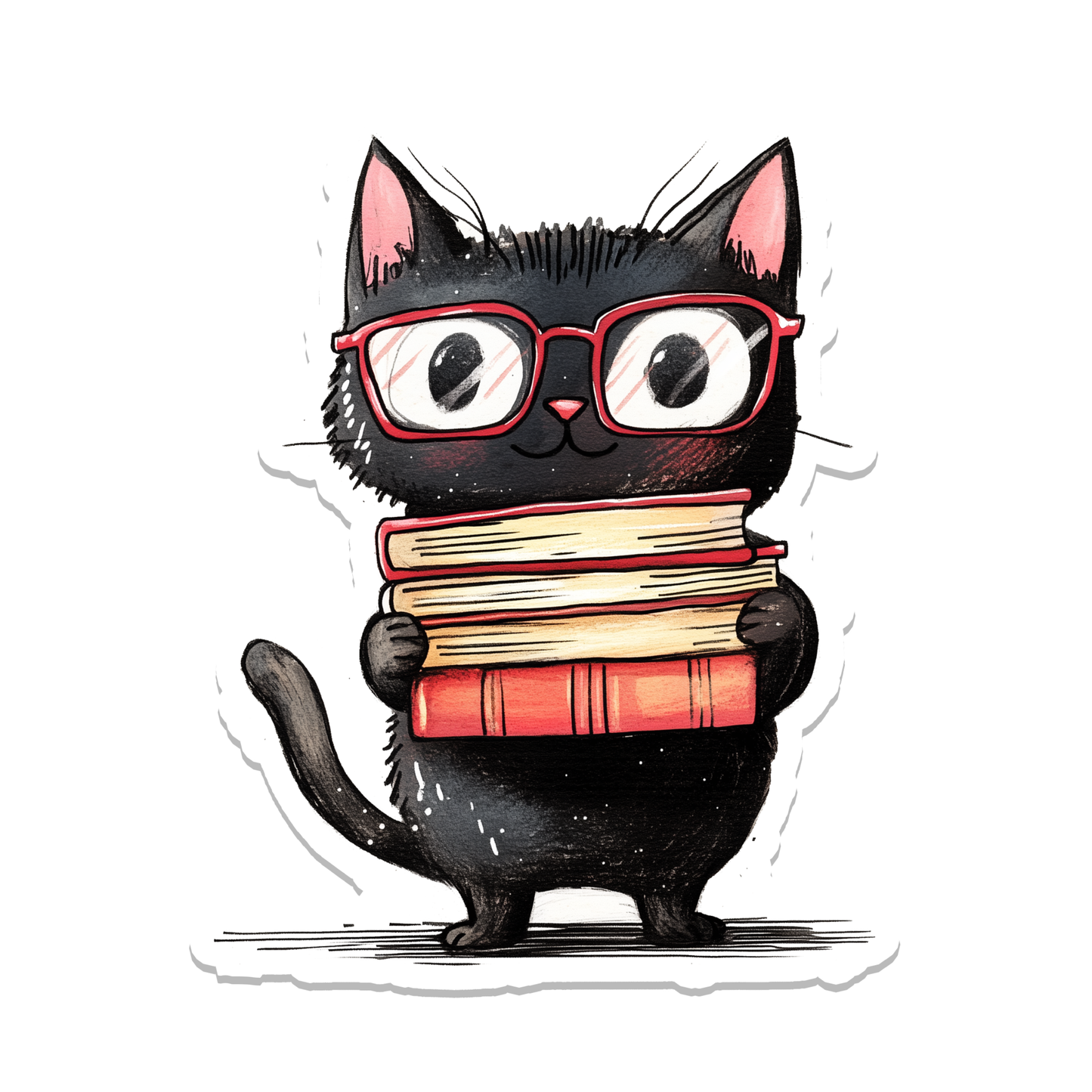 Cat and Books | Cute | Reading | Waterproof Sticker | 3"