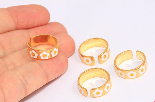 24k Shiny Gold Plated white enamel adjustable daisy flower rings