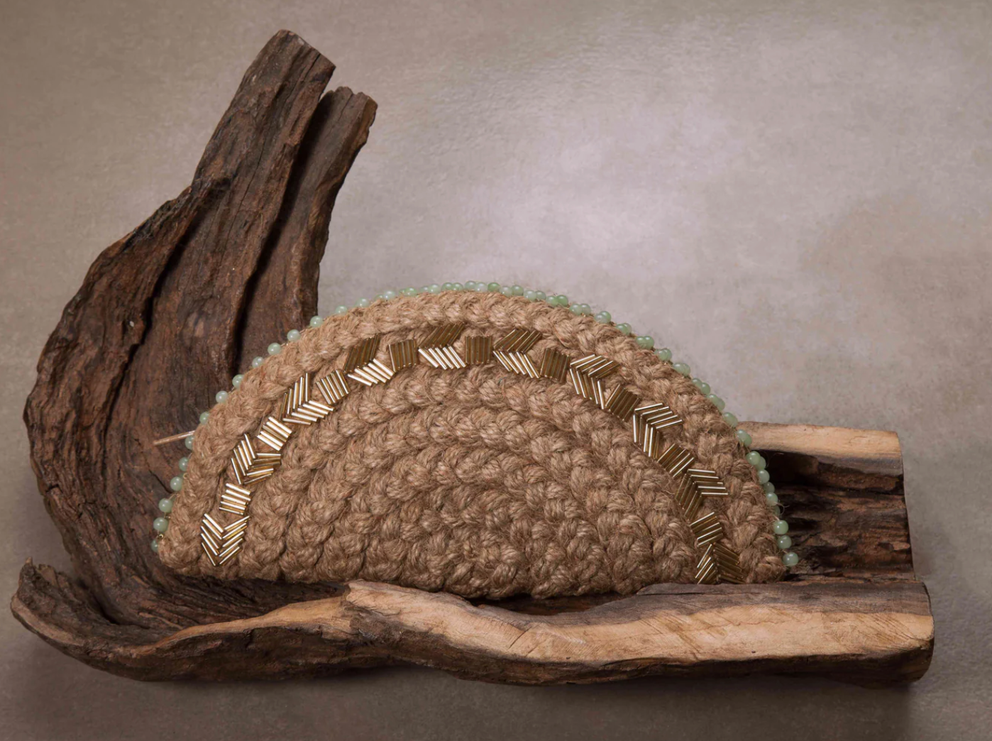 Naked Jute with bugle beads half moon clutch