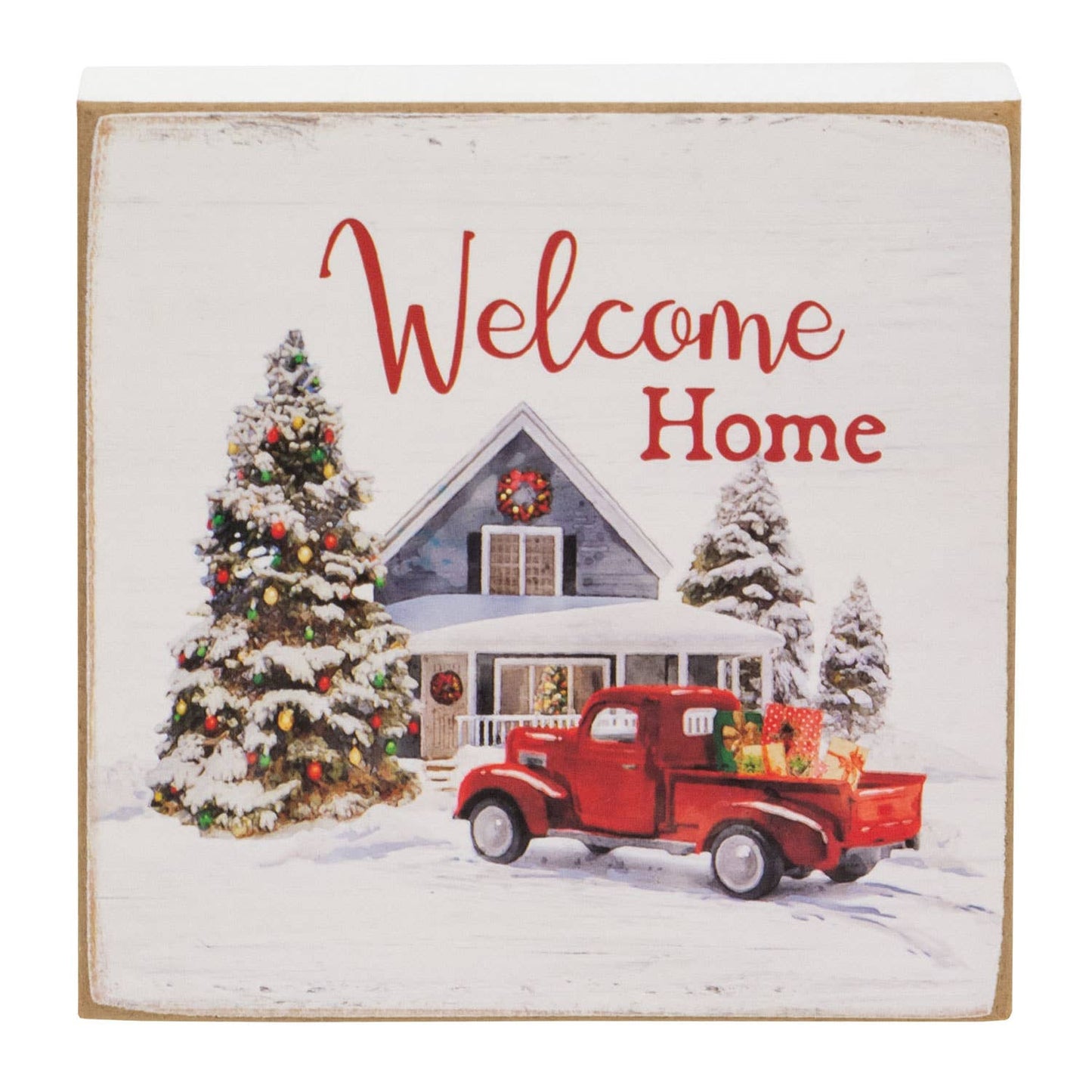 Welcome Home Vintage Red Truck Square Block