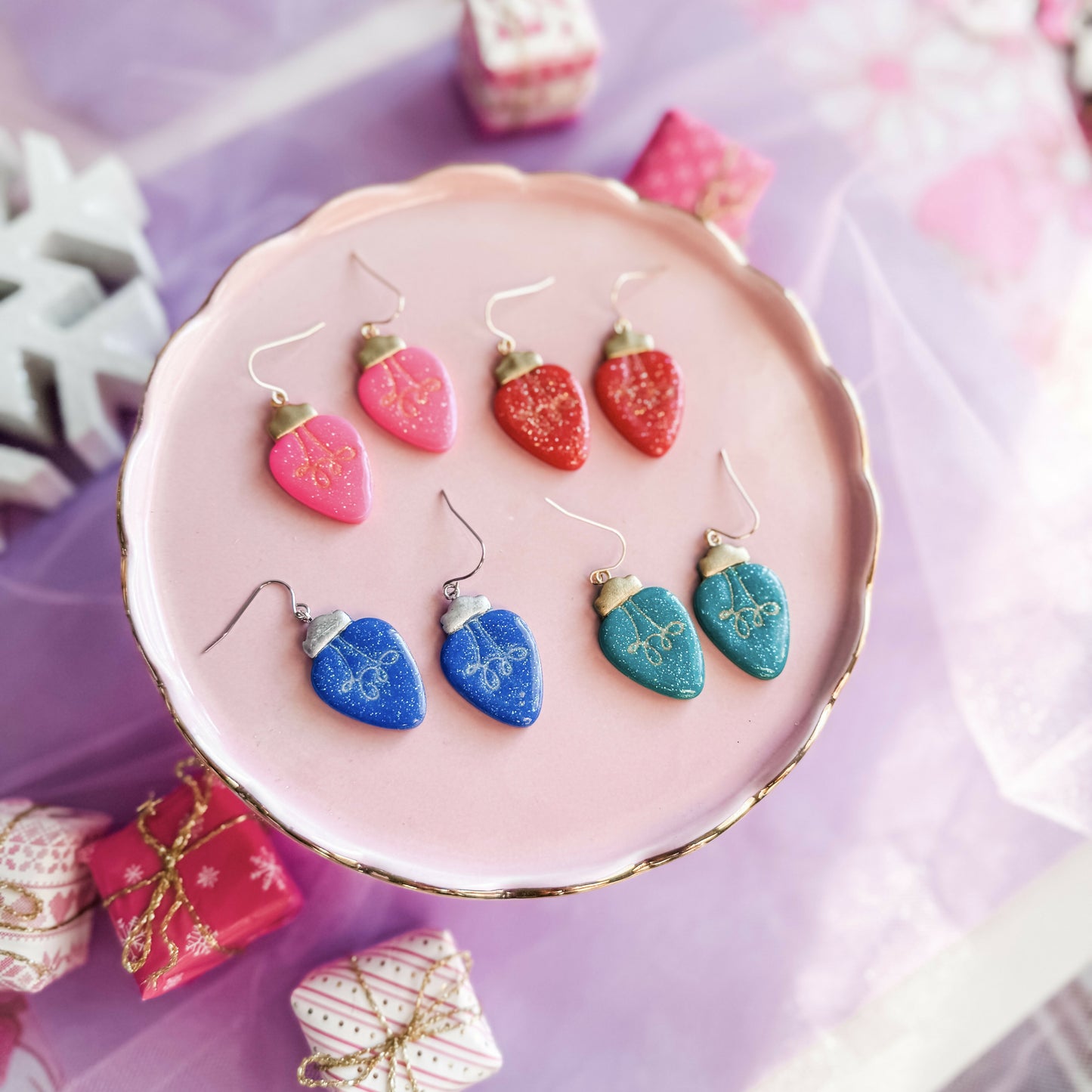 NRJ091 Pink Christmas Lights Earrings