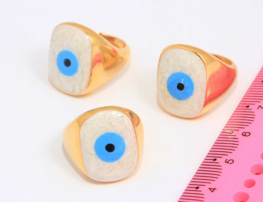 24k Shiny gold square ring with white enamel evil eye rings