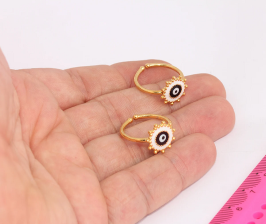 Adjustable 24k Shiny Gold Rings White Enamel Evil Eye Rings