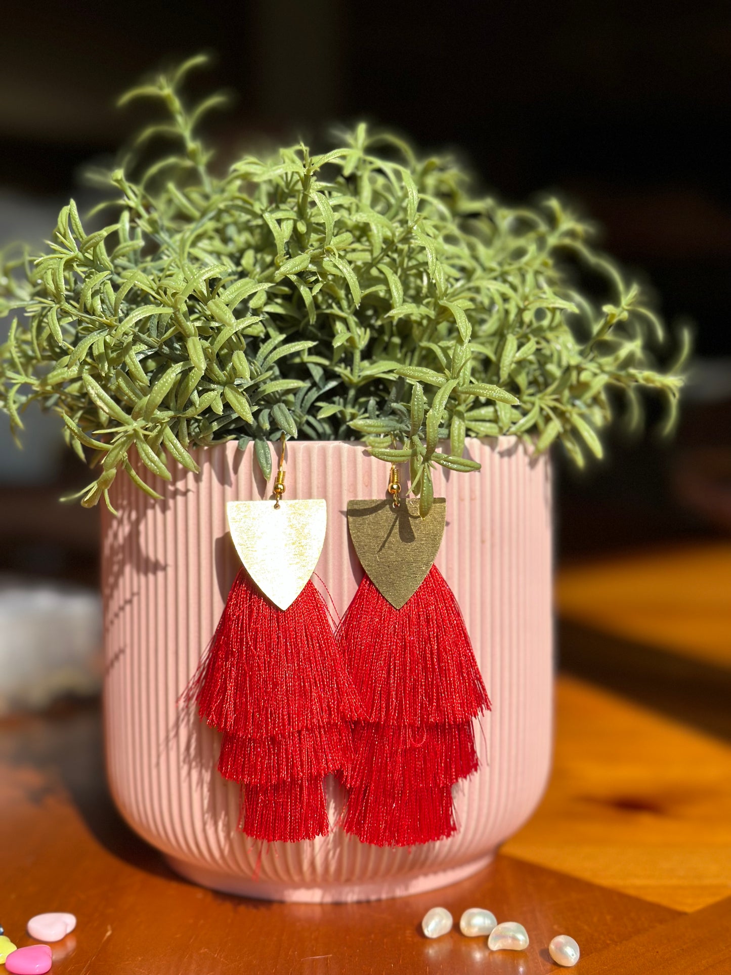 Red tassle and brass earrings