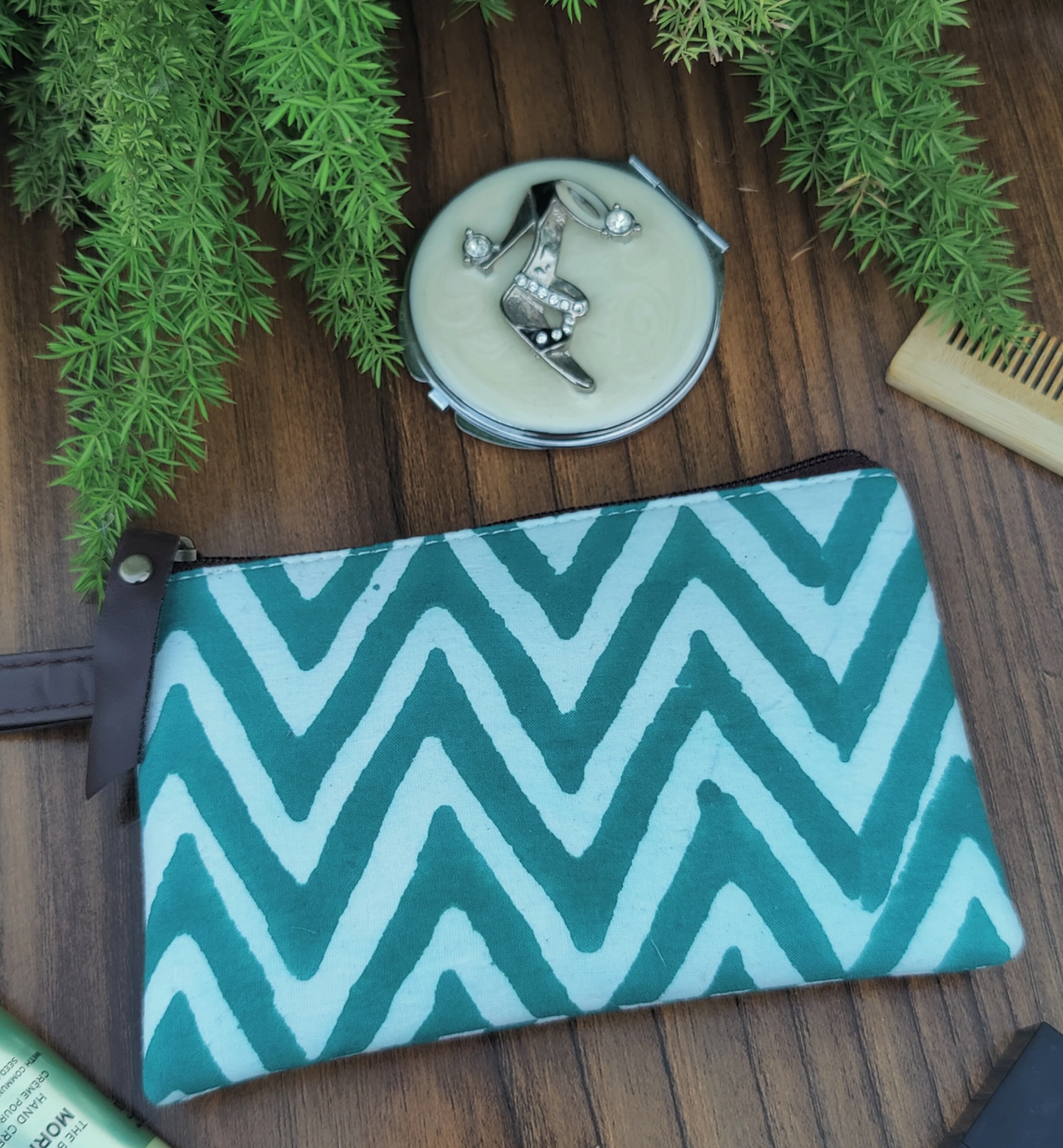 Mini pouch / wallet - Teal chevron design - hand made, block printed