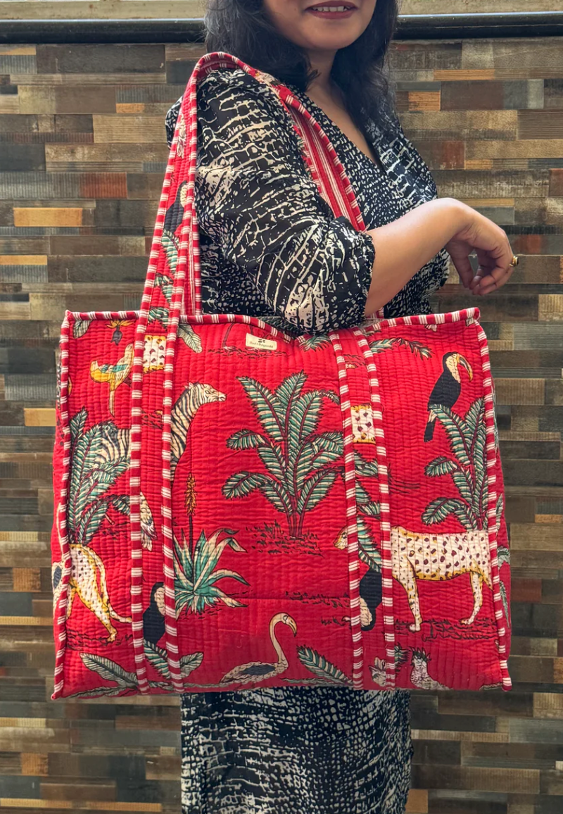 Handmade block printed, quilted tote bags.