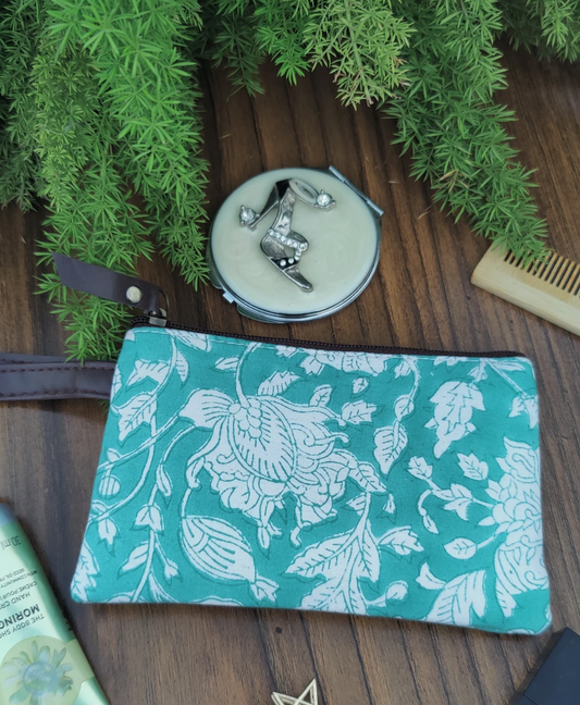 Mini pouch / wallet - Teal flower design - hand made, block printed