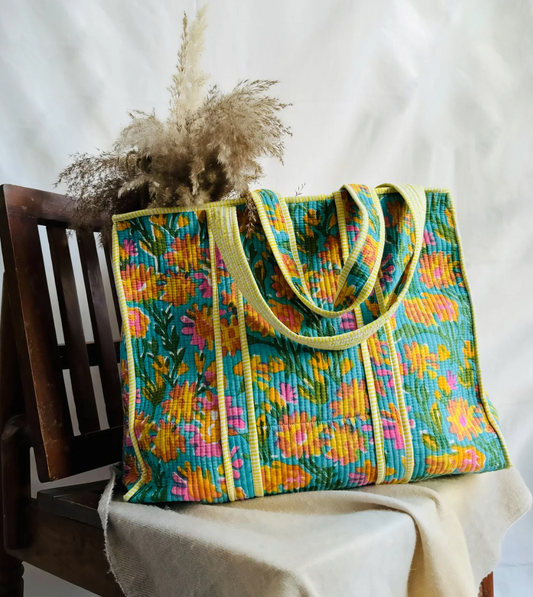 Handmade block printed, quilted tote bags.