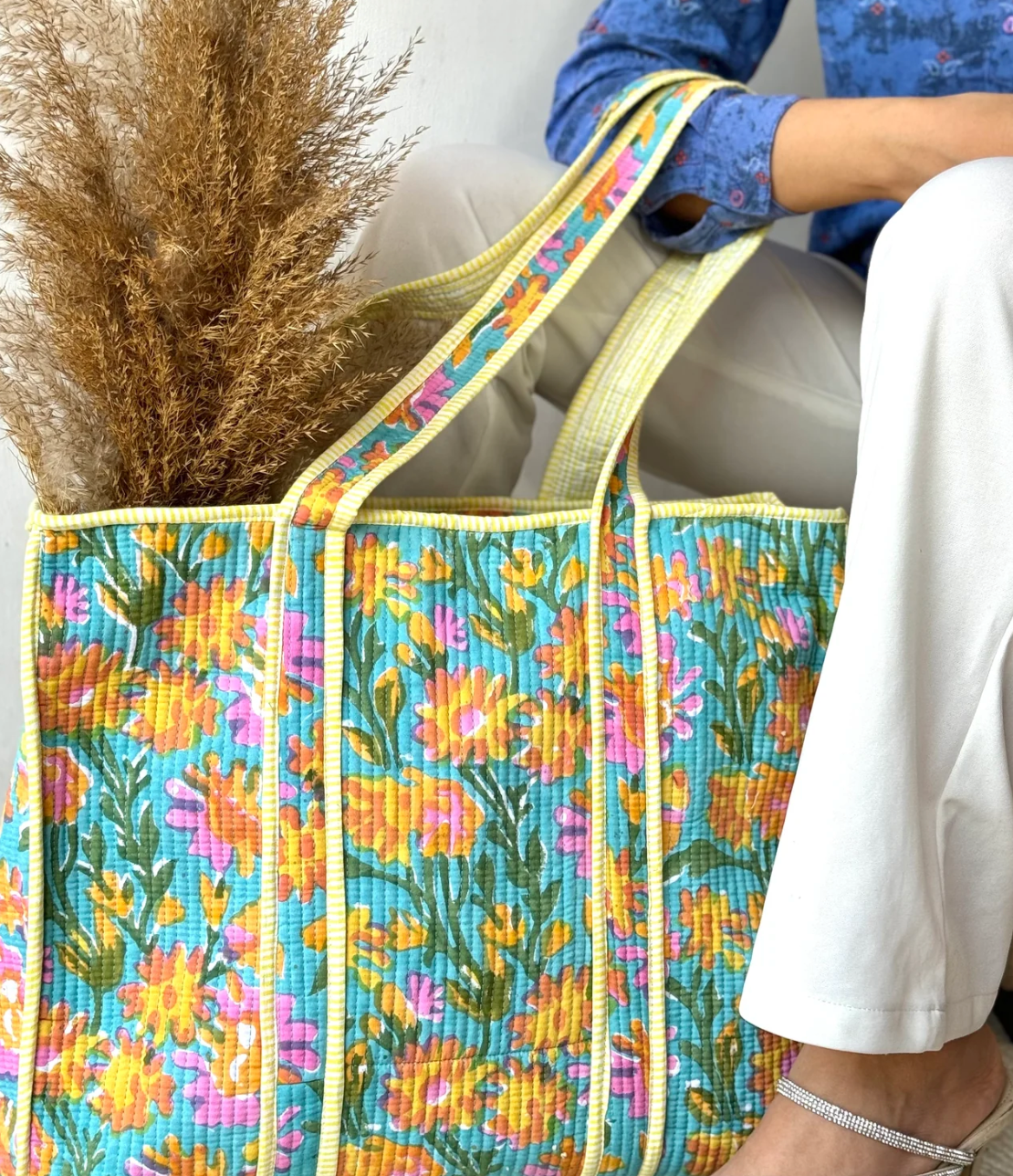 Handmade block printed, quilted tote bags.