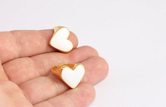24k Shiny Gold Plated adjustable white enamel heart ring