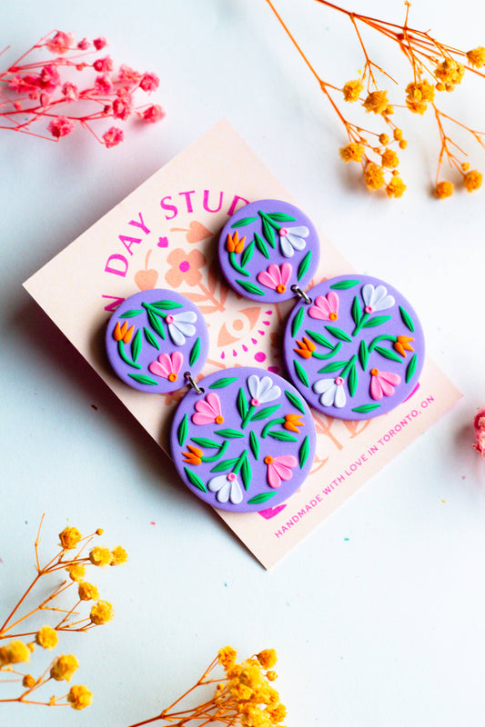 Slow Day Studios - Purple Floral Polymer Clay Circle Statement Dangles