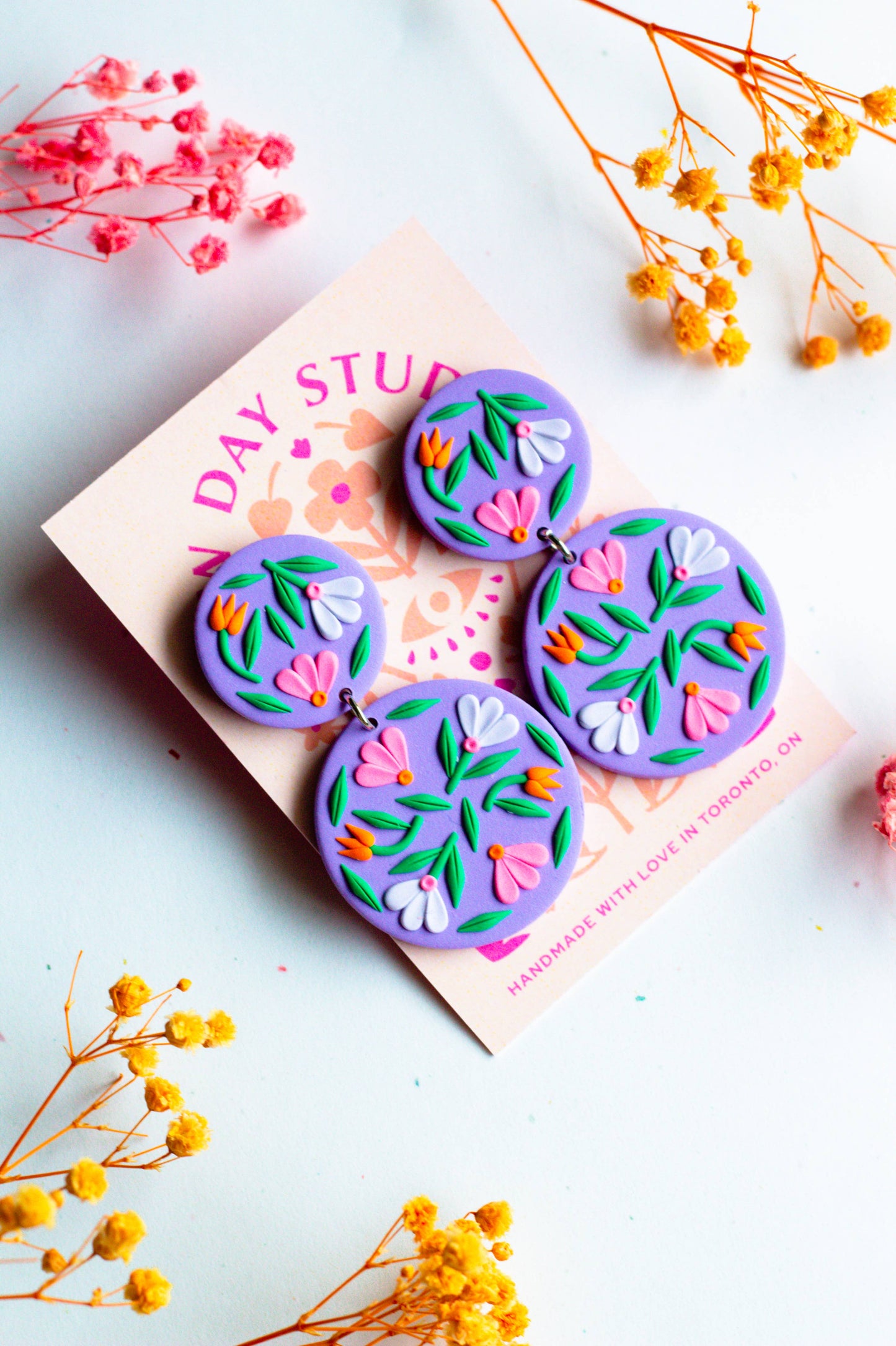 Slow Day Studios - Purple Floral Polymer Clay Circle Statement Dangles