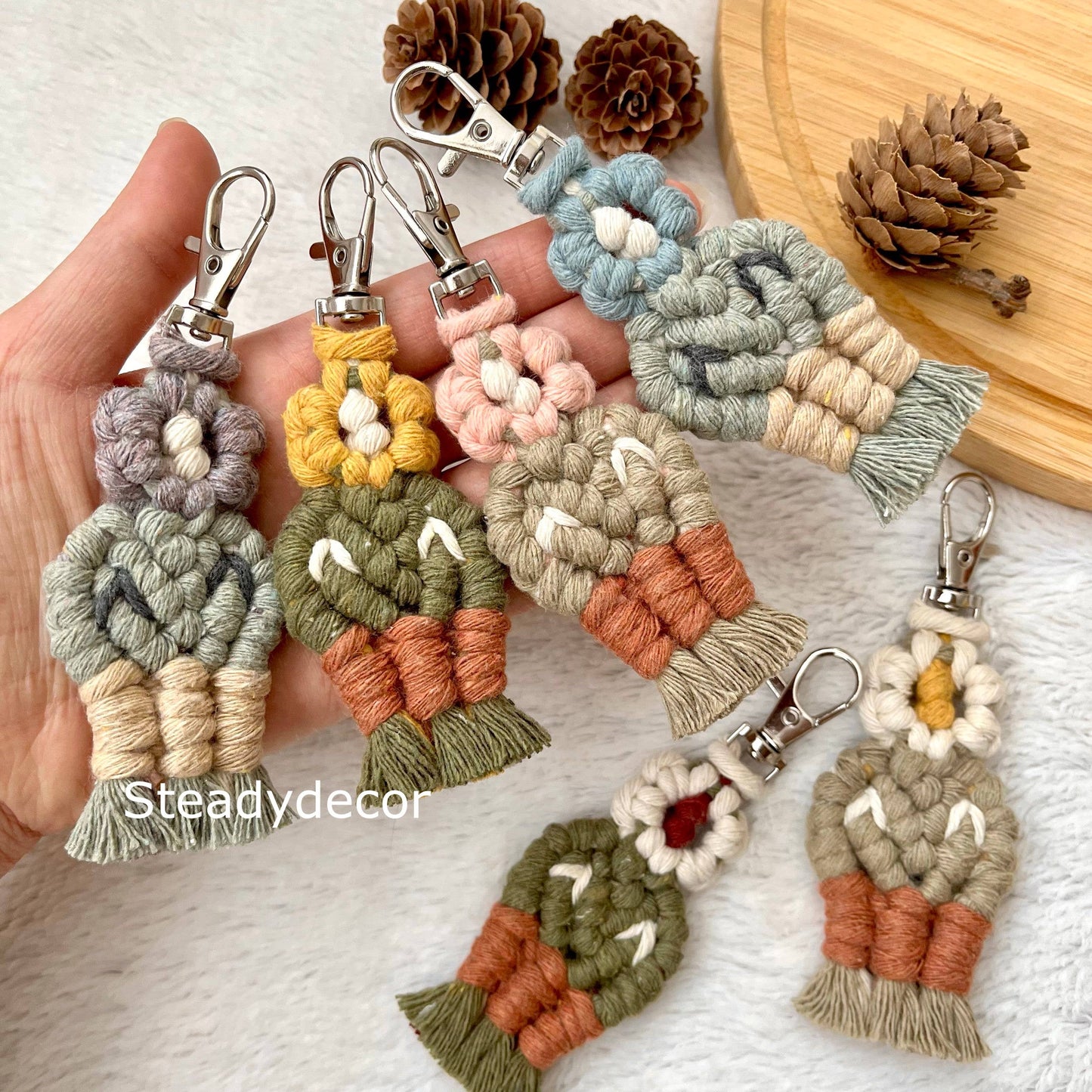 Smiley cactus flower keychain macrame, cacti floral keyring