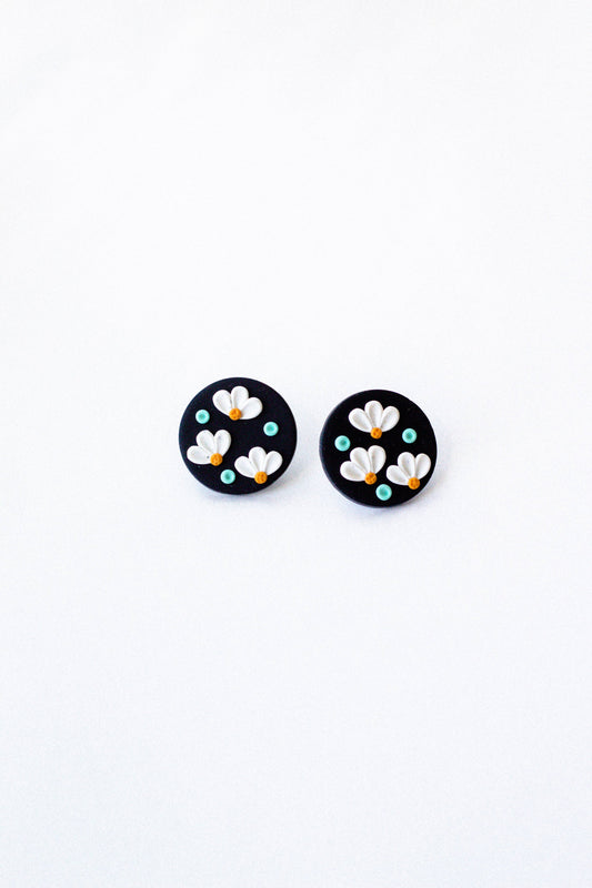 Slow Day Studios - Polymer Clay Daisy Circle Stud in Black